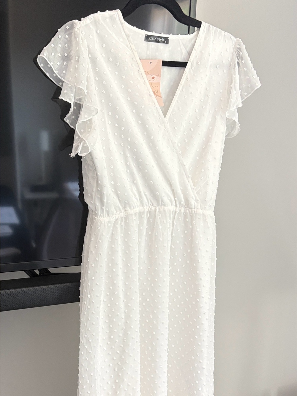 White Swiss Dot Maxi Dress with Flutter Sleeves and V-Neck